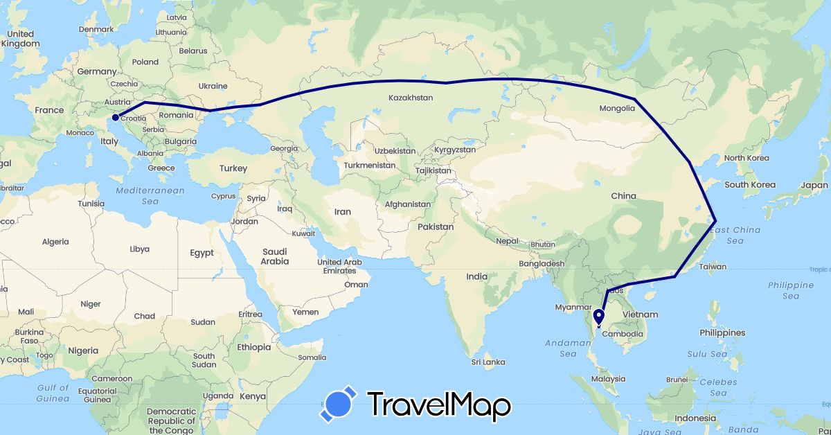 TravelMap itinerary: driving in China, Hungary, Italy, Kazakhstan, Laos, Mongolia, Russia, Thailand, Ukraine, Vietnam (Asia, Europe)